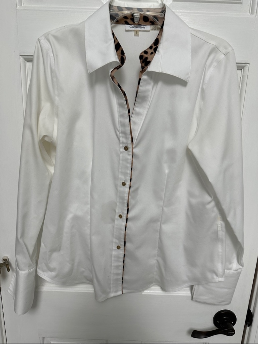 Calvin Klein White Button-Up Shirt with Leopard Trim Accent - Picture 5 of 7